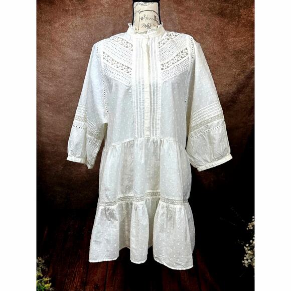Boho Retro Tiered Lace Eyelet Anthropologie Babydoll All Cotton Tunic S - Picture 1 of 15